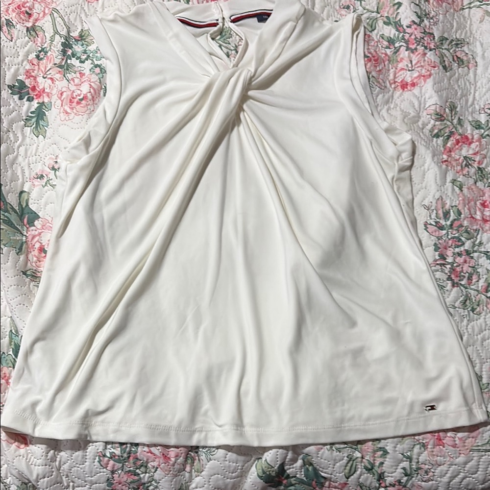 White Sleeveless Tie Front Blouse